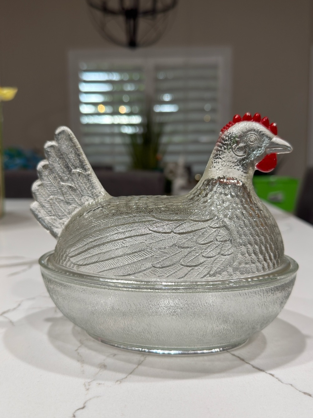 Glass Hen on Nest Candy Dish - Clear with Red Accents